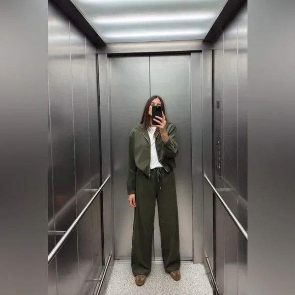 ZARA TEXTURED WIDE LEG PANTS DARK KHAKI GREEN - Picture 3 of 6